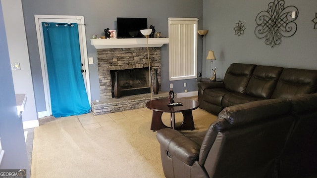 tiled living room with a fireplace