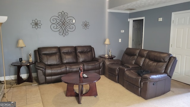 living room with tile floors and ornamental molding