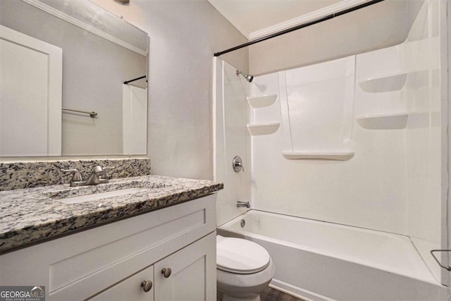 full bathroom featuring crown molding, vanity, shower / bath combination, and toilet