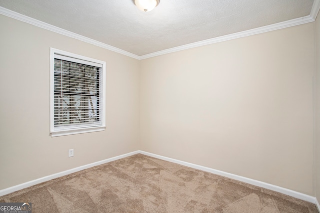 carpeted empty room with a textured ceiling and crown molding