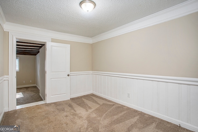 unfurnished room with carpet, crown molding, and a textured ceiling