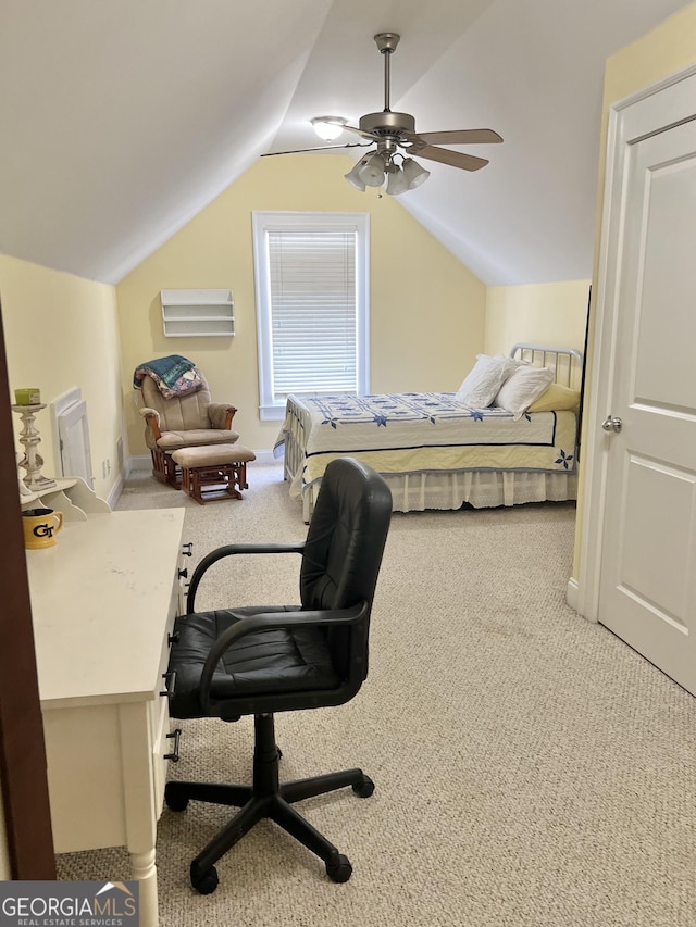 bedroom with carpet, ceiling fan, and lofted ceiling