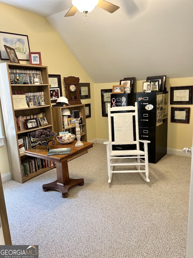 office with carpet floors, ceiling fan, and lofted ceiling