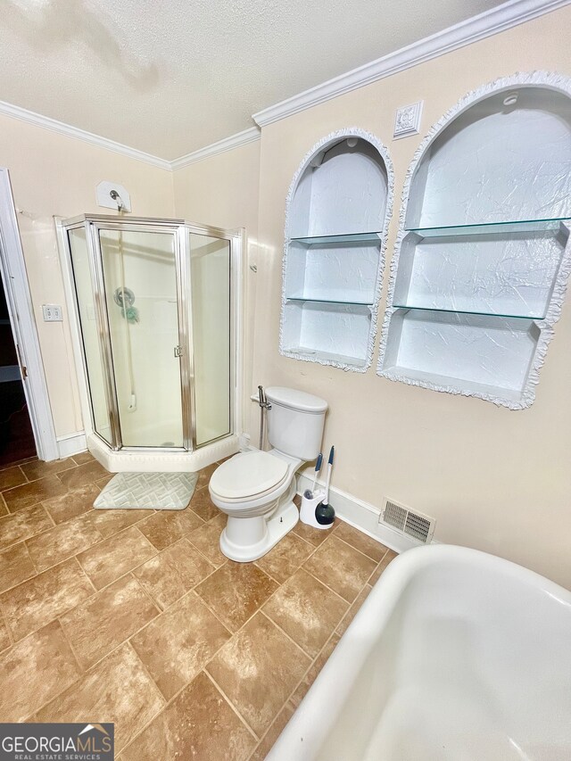 bathroom with tile patterned flooring, toilet, separate shower and tub, and ornamental molding