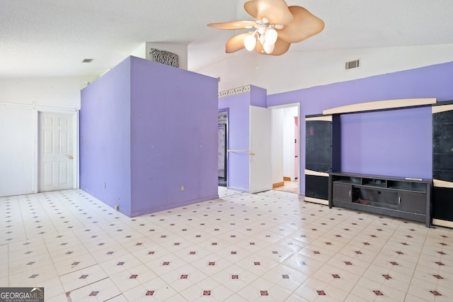 living room with high vaulted ceiling and ceiling fan