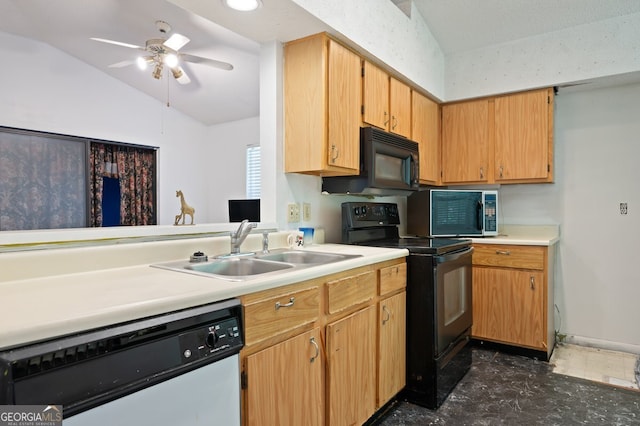 kitchen with lofted ceiling, sink, black appliances, and ceiling fan