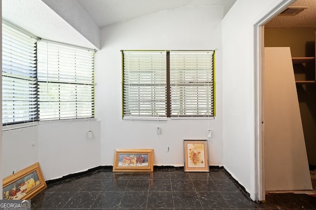 empty room featuring lofted ceiling and a textured ceiling