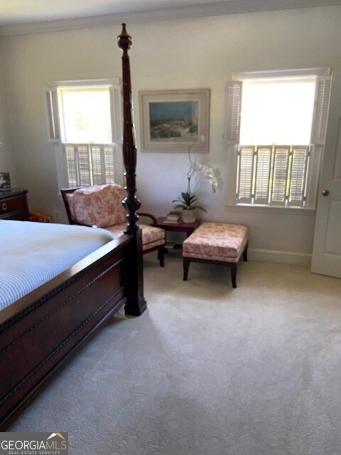 carpeted bedroom featuring ornamental molding