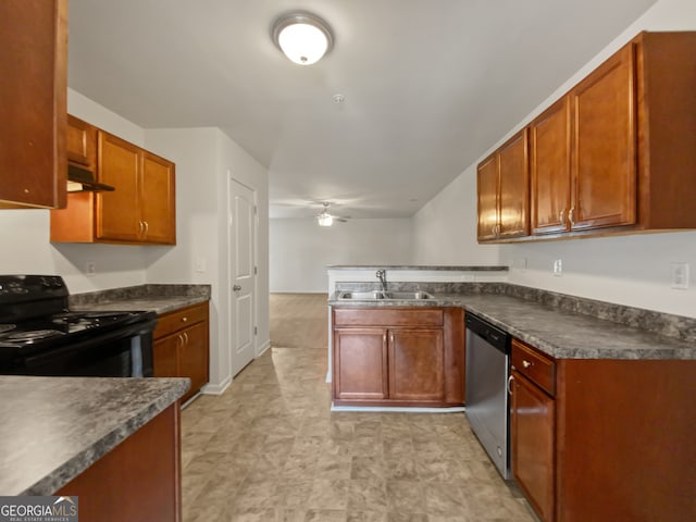 kitchen featuring ceiling fan, sink, black electric range, stainless steel dishwasher, and kitchen peninsula