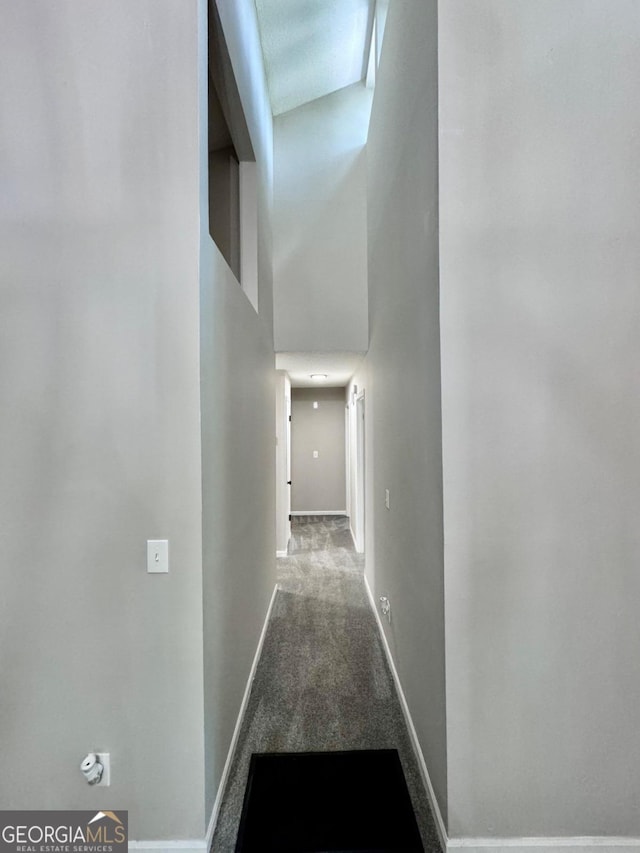 hall featuring a high ceiling and carpet flooring