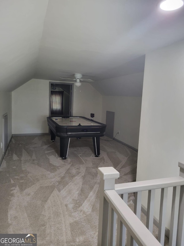 playroom featuring carpet flooring, vaulted ceiling, ceiling fan, and billiards