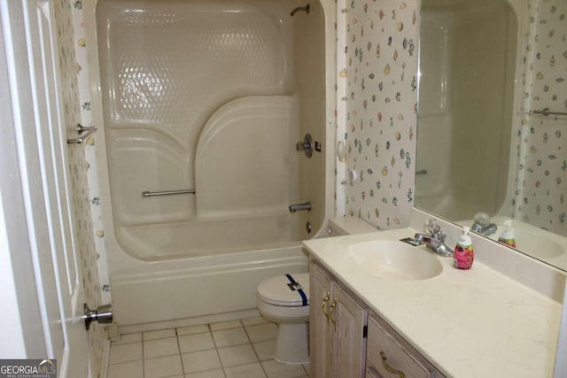 full bathroom with vanity, shower / tub combination, tile patterned floors, and toilet