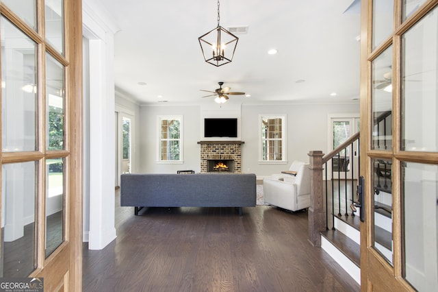 living room with a fireplace, ornamental molding, dark wood-type flooring, and ceiling fan with notable chandelier