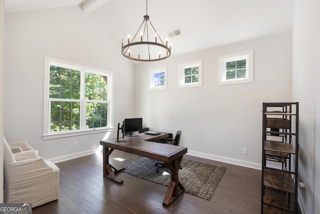 office featuring beamed ceiling, a chandelier, dark hardwood / wood-style floors, and high vaulted ceiling