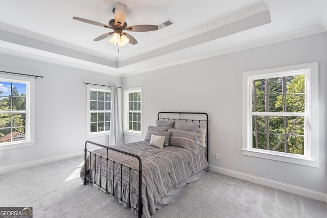 carpeted bedroom featuring a tray ceiling, multiple windows, ceiling fan, and crown molding