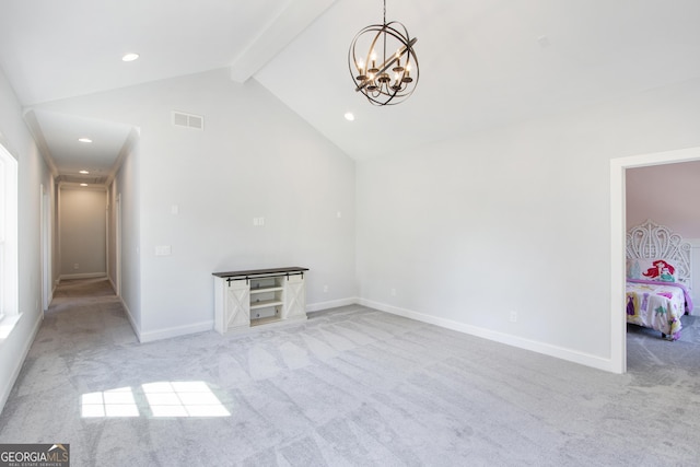 unfurnished living room with vaulted ceiling with beams, light colored carpet, and a notable chandelier