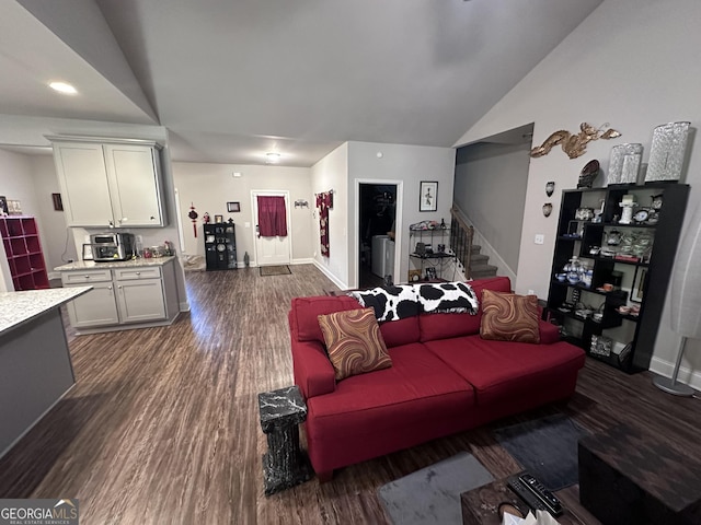 living room featuring dark wood-type flooring and vaulted ceiling