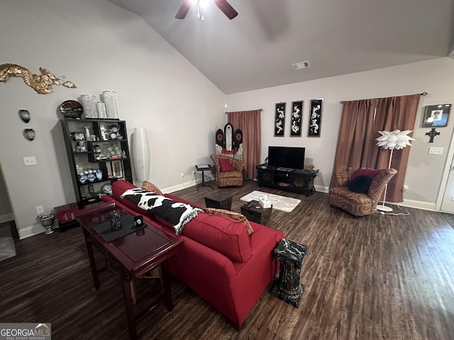 living room featuring ceiling fan, dark hardwood / wood-style flooring, and high vaulted ceiling