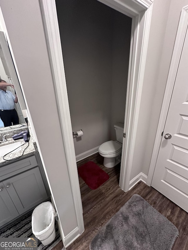 bathroom with vanity, toilet, and wood-type flooring