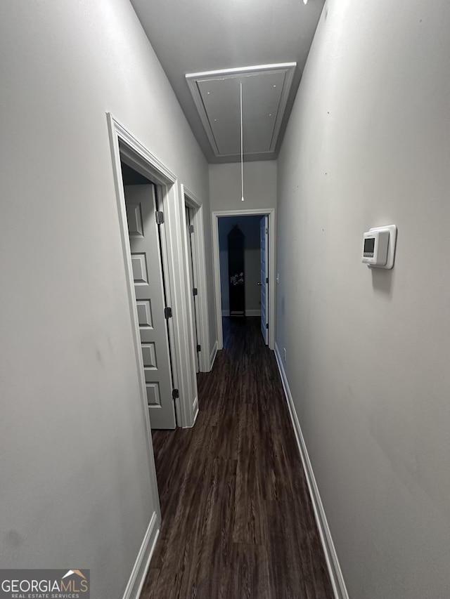 corridor with dark hardwood / wood-style flooring