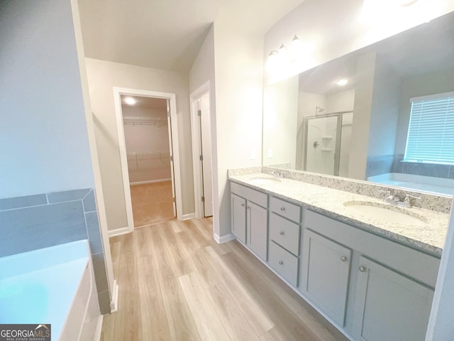 bathroom featuring vanity, hardwood / wood-style flooring, and independent shower and bath