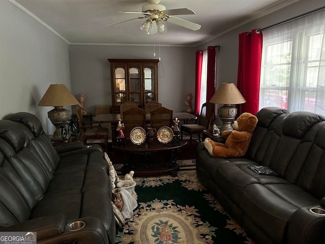 living room with ceiling fan and ornamental molding