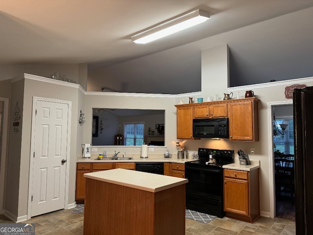 kitchen with a kitchen island, black appliances, high vaulted ceiling, sink, and light tile floors