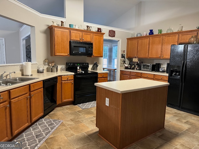 kitchen with high vaulted ceiling, sink, black appliances, and light tile floors