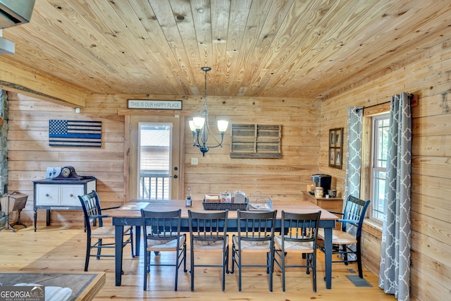 dining room with hardwood / wood-style floors, wooden walls, wooden ceiling, and a notable chandelier