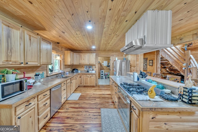 kitchen with appliances with stainless steel finishes, light brown cabinetry, sink, light hardwood / wood-style flooring, and hanging light fixtures