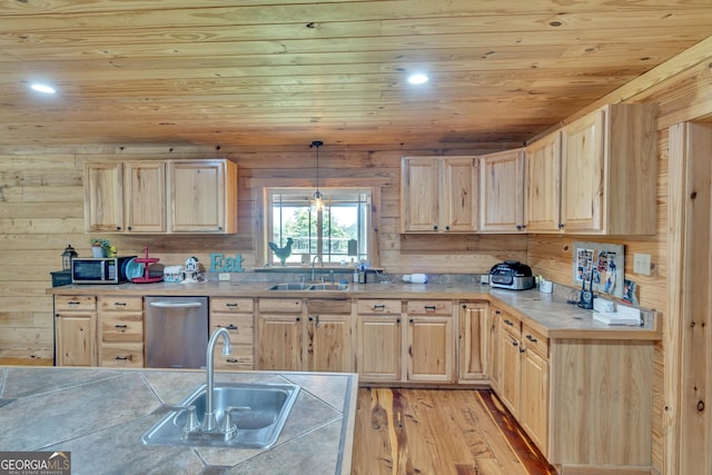 kitchen with light brown cabinets, wooden ceiling, sink, and light hardwood / wood-style flooring