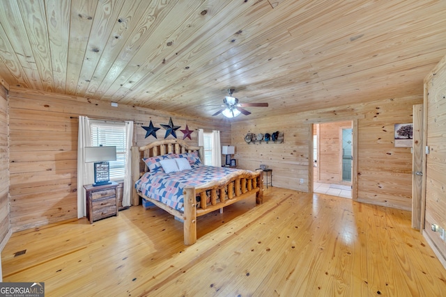 bedroom with ceiling fan, wood walls, wood-type flooring, and wood ceiling