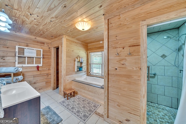 bathroom with tile patterned floors, a bathtub, vanity, wooden ceiling, and wood walls