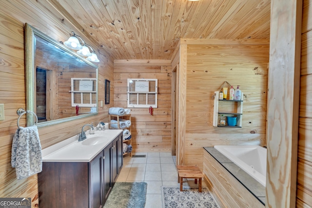 bathroom with vanity, tile patterned floors, wooden walls, a washtub, and wood ceiling