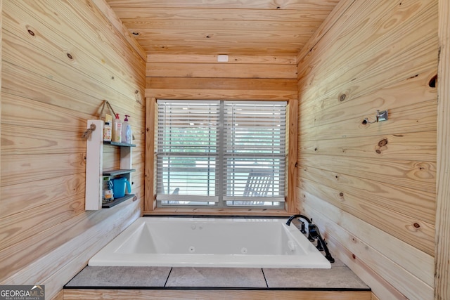 bathroom with a relaxing tiled tub, wood ceiling, and wooden walls