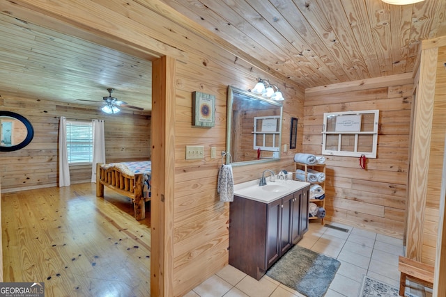 bathroom with vanity, wood ceiling, and wooden walls