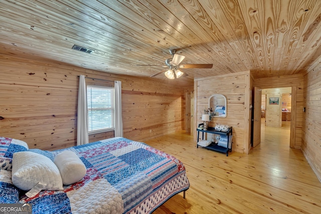 bedroom featuring hardwood / wood-style floors, ceiling fan, wooden walls, and wood ceiling