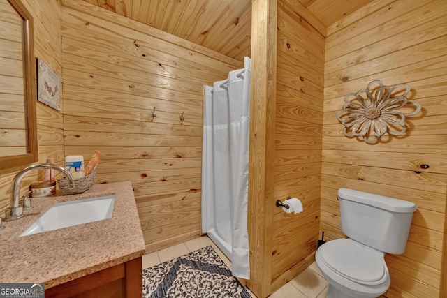 bathroom featuring vanity, wood walls, wooden ceiling, tile patterned floors, and walk in shower