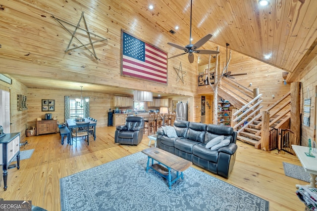 unfurnished living room featuring wood ceiling, ceiling fan, hardwood / wood-style flooring, high vaulted ceiling, and wood walls