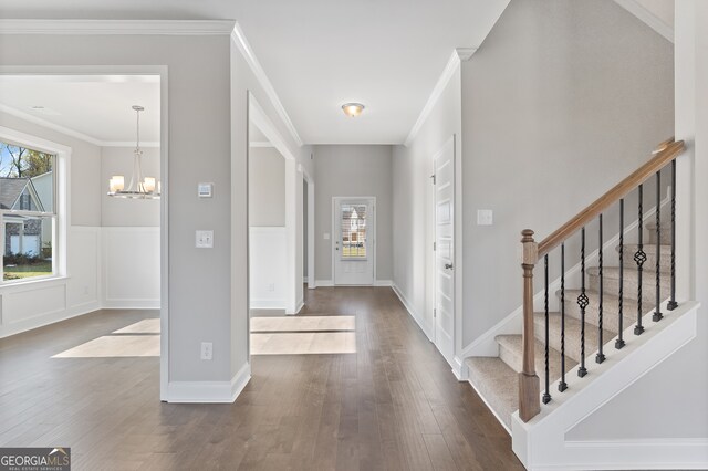 entrance foyer featuring an inviting chandelier, ornamental molding, and dark hardwood / wood-style flooring