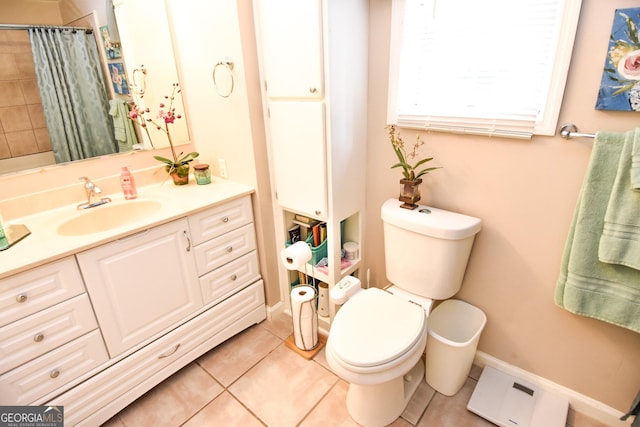 full bath with curtained shower, baseboards, toilet, tile patterned floors, and vanity