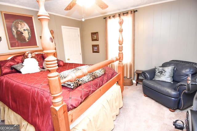 bedroom featuring carpet flooring and crown molding