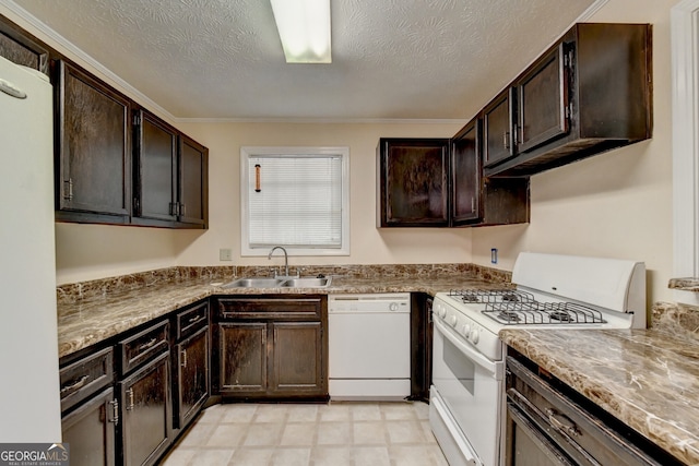 kitchen featuring dark brown cabinetry, white appliances, sink, and ornamental molding