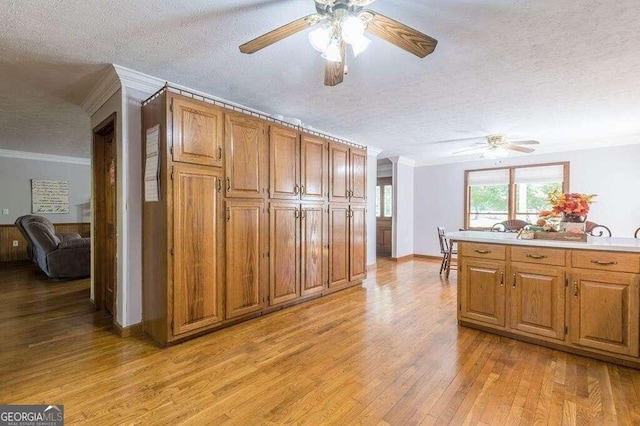 kitchen featuring crown molding, ceiling fan, light hardwood / wood-style floors, and a textured ceiling