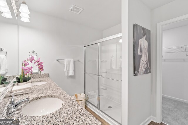 bathroom featuring vanity and a shower with door