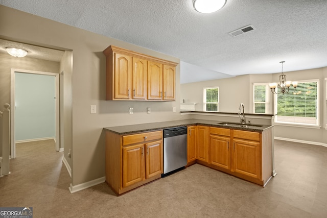 kitchen with kitchen peninsula, hanging light fixtures, sink, a notable chandelier, and stainless steel dishwasher