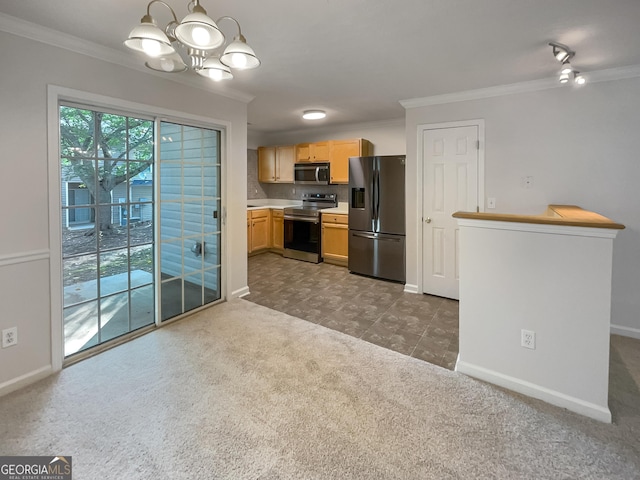 6531 Arbor Gate Dr SW # 12, Mableton, GA 30126 - kitchen with light brown cabinets, dark carpet, crown molding, decorative light fixtures, and stainless steel appliances