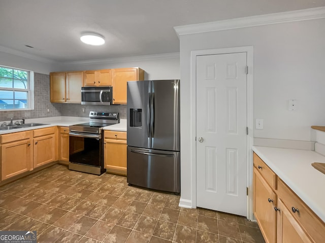 6531 Arbor Gate Dr SW # 12, Mableton, GA 30126 - kitchen with crown molding, sink, light brown cabinetry, tasteful backsplash, and stainless steel appliances