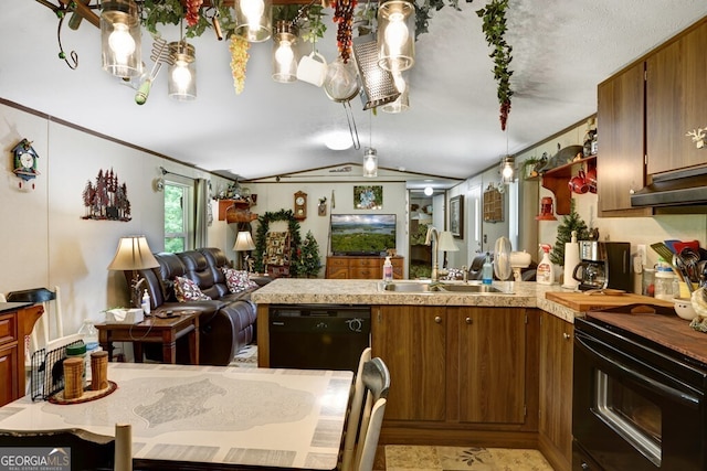 kitchen featuring vaulted ceiling, kitchen peninsula, dishwasher, range, and sink