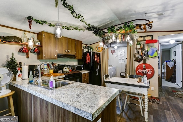 kitchen with sink, washer / clothes dryer, vaulted ceiling, and dark hardwood / wood-style flooring